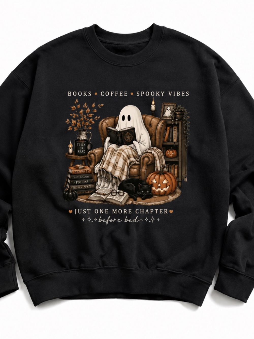Black Sweatshirt with Brown & Orange Halloween Reading Ghost Graphic